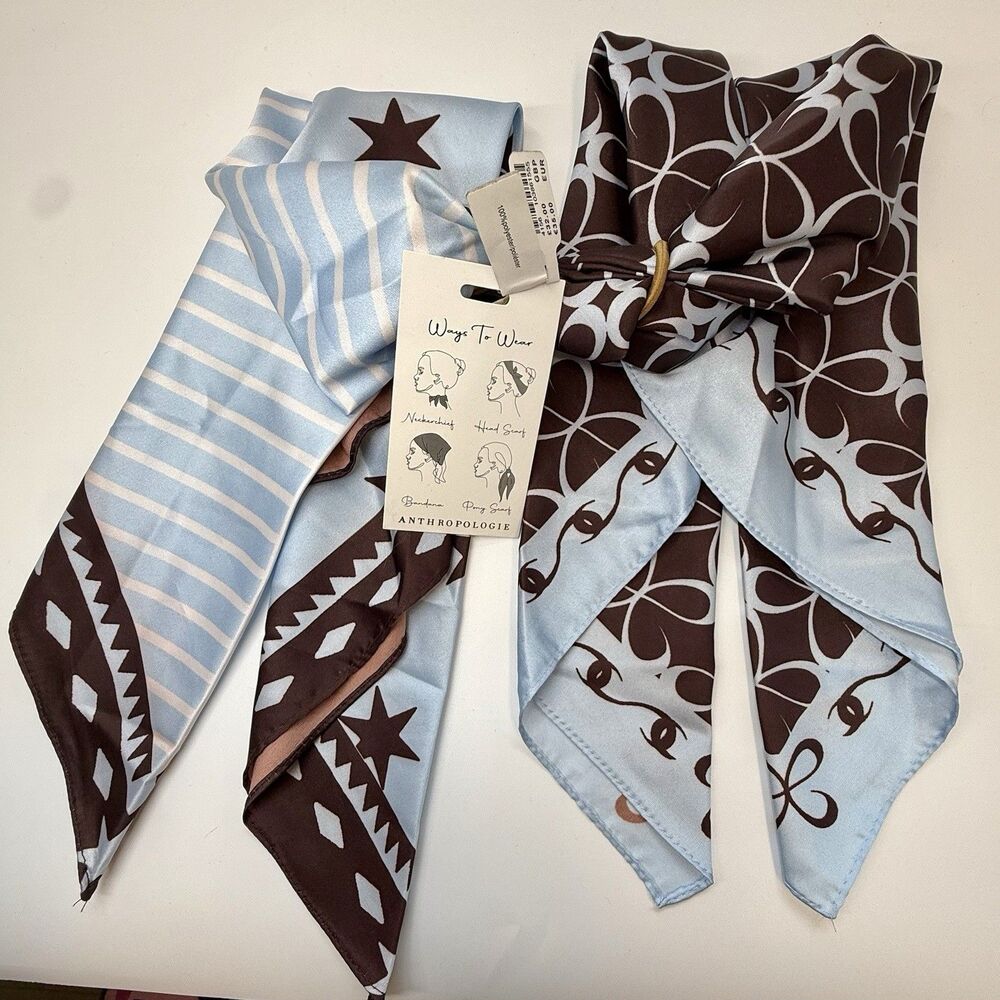 Anthropology Maeve Blue And Brown Print Set Of Two Hair And Bag Scarves Tie New